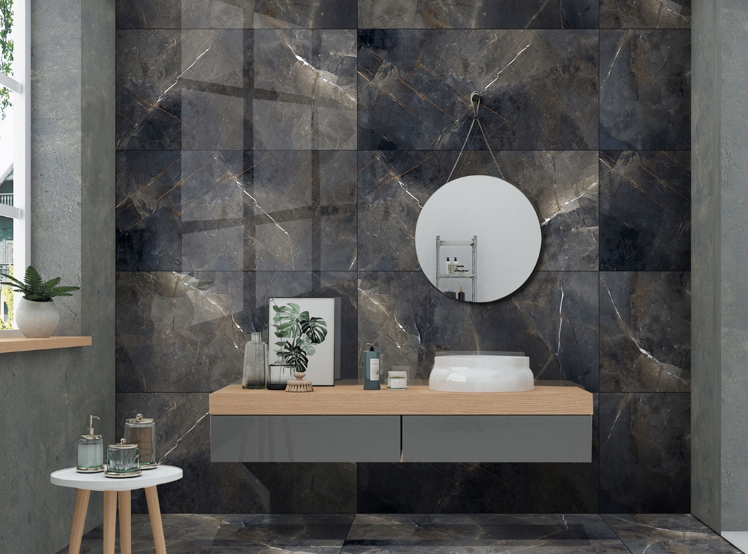 Emporia Storm Black Thunder Marble Effect Polished Porcelain Tile 600x1200mm