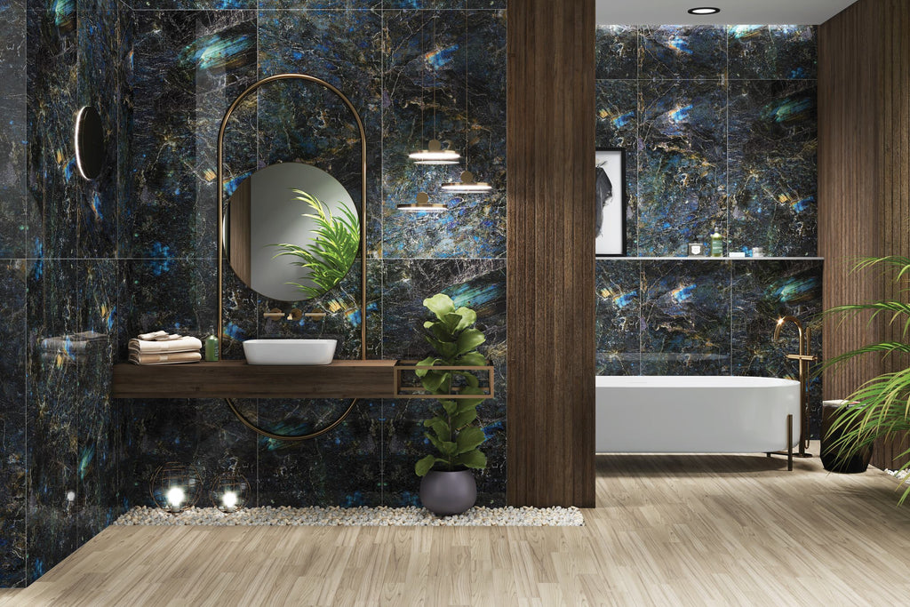 Emporia Lucent Nebula Blue Glass Polished Porcelain Tile 600x1200mm