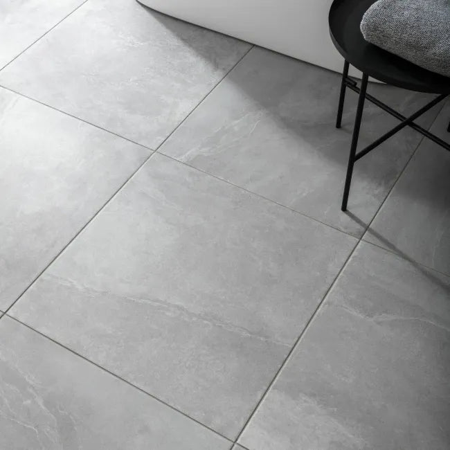 Augusta Ice Grey Slate Effect Matt Porcelain Wall & Floor Tile - 600x600mm