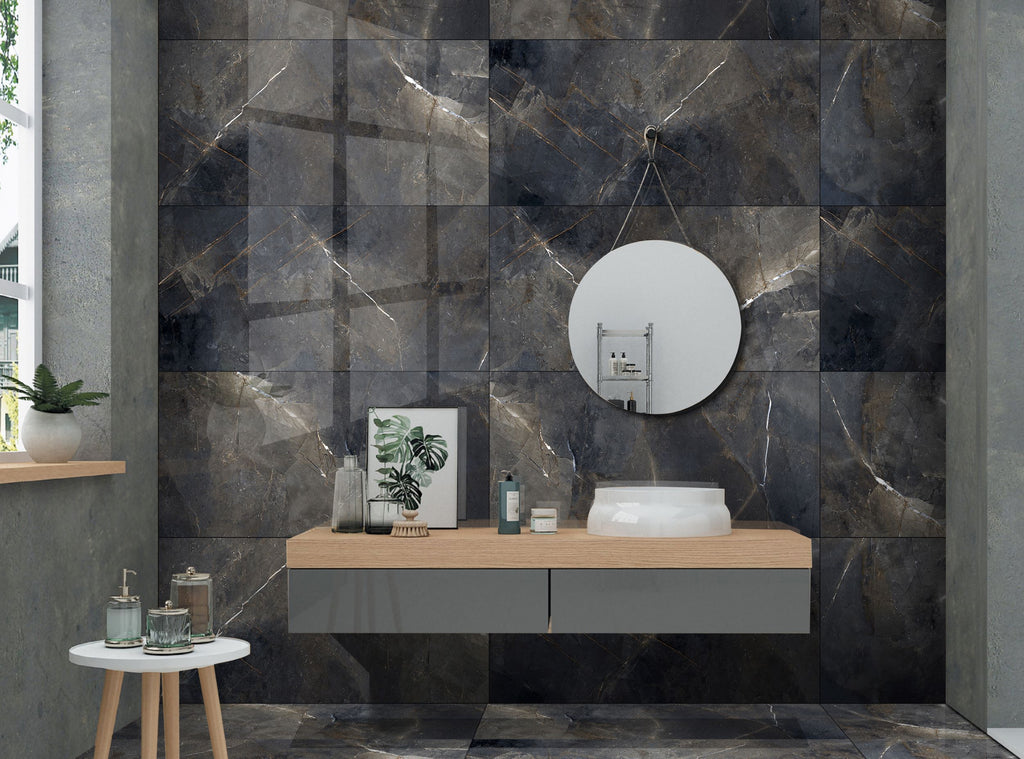 Emporia Storm Black Thunder Marble Effect Polished Porcelain Tile 600x1200mm