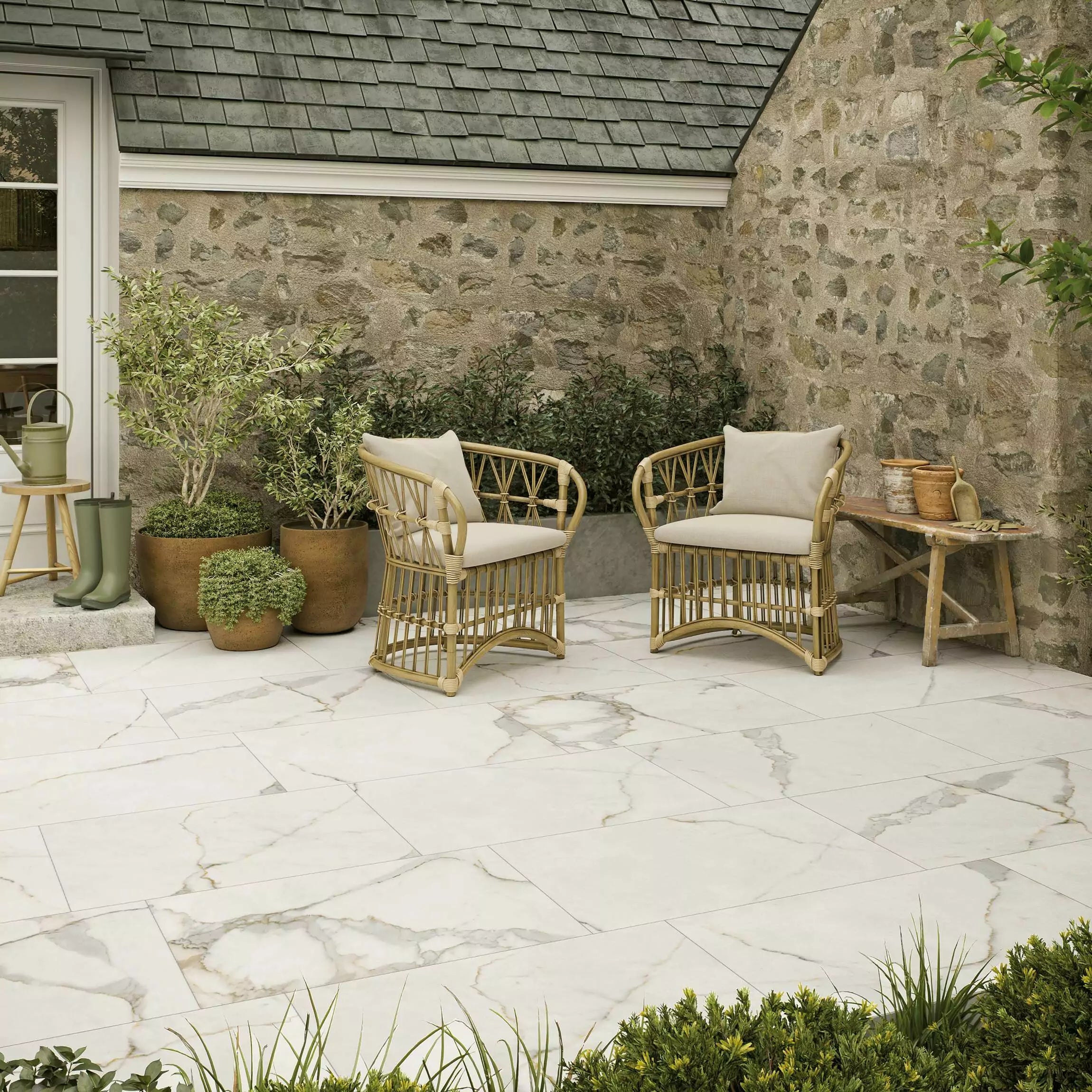 Carrara Gold Marble Effect Outdoor Slab Tiles