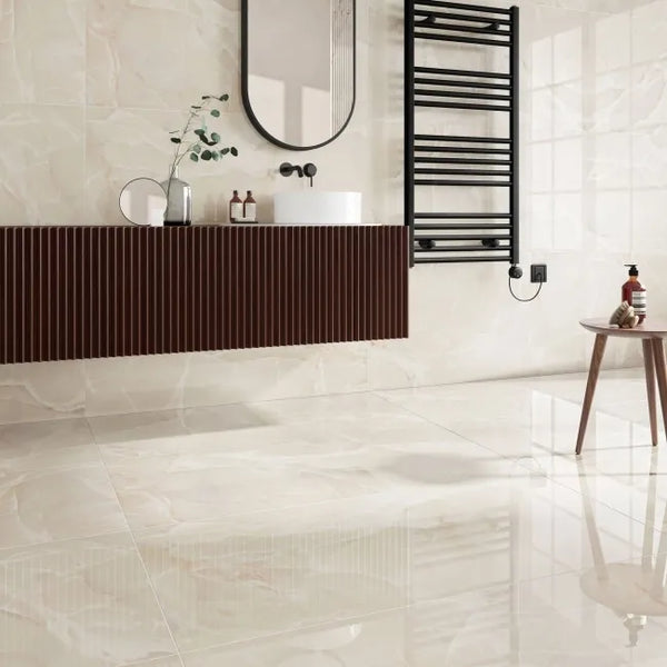 Onyx Marble Effect Cream Polished Porcelain Wall & Floor Tile - 600x1200mm